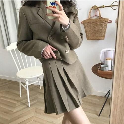 Women Two Piece Sets Preppy Style Suits Women Blazer+A-Line High Waist Pleated Skirts Female New Student Spring Fall Sets XS-2XL