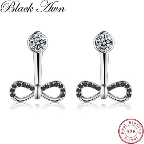 [BLACK AWN] Genuine 925 Sterling Silver Earrings Bow-knot Black Spinel Stud Earrings for Women Sterling Silver Jewelry T115