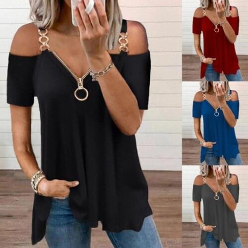 Women Zipper Off Shoulder Tops Sexy Chain Spaghetti Strap Tees Solid V-Neck Lace Splicing Short Sleeve T Shirt