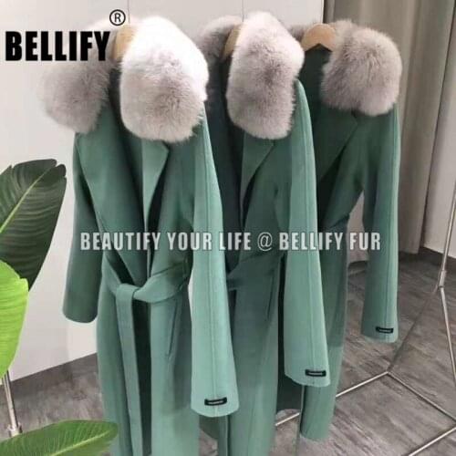 Russian Womens Winter Jacket Elegant Style Green Real Wool Trench Coats with Natural Fox Fur Collar
