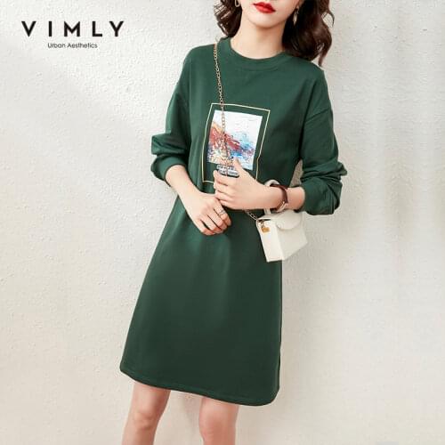 Vimly Spring Knitted Dress For Women Fashion New Printed O Neck Sweatshirt Dresses Casual Long Dress Female Tops F6565