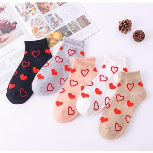 10Pieces=5Pairs/Lot Wholesale Socks Women Girls Preppy Style Cartoon Heart Comfortable Breathable Pure Cotton Cute Ankle Socks