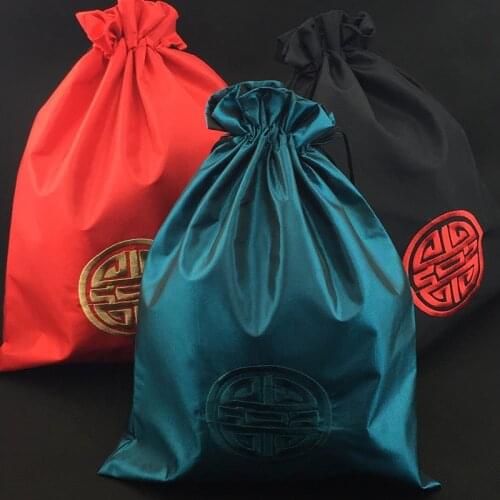 2pcs Extra Large Chinese Embroidery Happy Christmas Gift Pouches Bags Drawstring Satin Fabric Travel Shoe Dust Cover with Lined