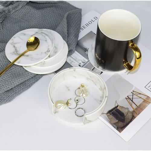 6PCS Creative PU Leather Marble Coaster Drink Coffee Cup Mat Tea Pad Dining Table Placemats Table Black White Chic Decoration