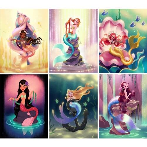 Diamond Painting Full Square Round Cartoon Disney Conch Princess Mermaid 5D DIY Girl Embroidery Cross Stitch Mosaic Home Decor