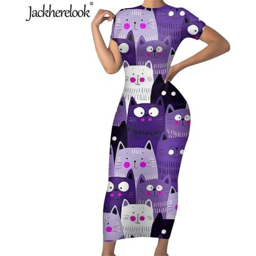 Jackherelook Purple Kawaii Cats Print Womens Sexy Bodycon Maxi Pencil Dress Summer Office Ladys Slim Dresses Vestidos Mujer