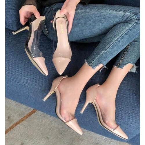 Japanned leather transparent patchwork pumps pointed toe shallow sexy ladies shoes brief comfy european thin high heels footwear