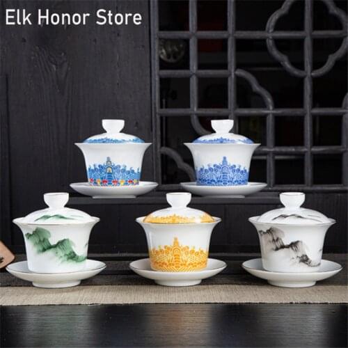 Ceramic Sancai Covered Bowl With Sheep Fat Jade Kung Fu Health-Preserving Office Household Anti-skid Heat-resistant Tea Set