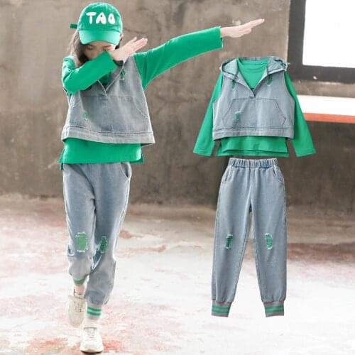 2019 New Autumn Denim Childrens Clothing For Girls Top+Jeans 3pcs Winter Kids Clothing Teenage Clothes For Girls 6 8 12 Years