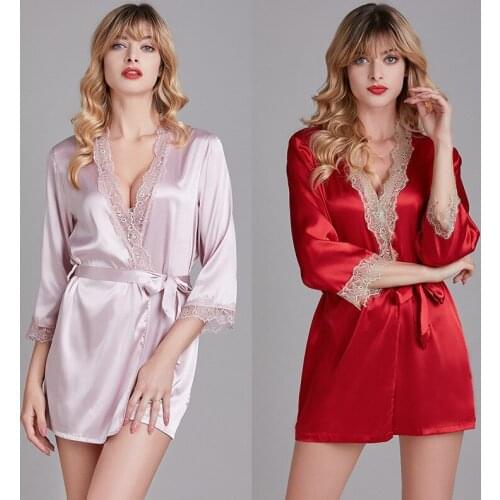Summer Womens Robe Sexy Satin Lace Kimono Gown Bride Loose Ice Silk Dress V-Neck Mini Casual Loungewear Soild Cosiness Bathrobe