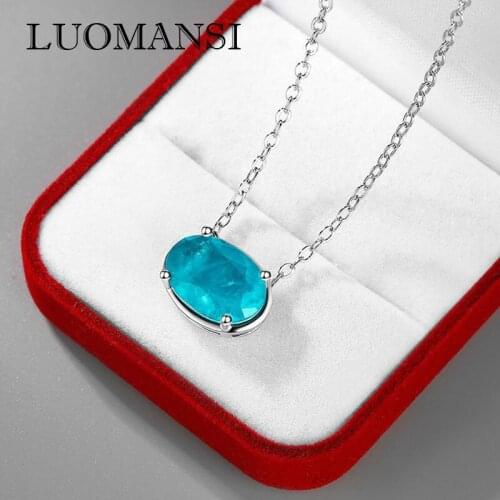 Luomansi Vintage 10*14 Egg Shape Paraiba Tourmaline Gem Pendant Necklace 925 Silver Jewelry Wedding Party Woman Gift