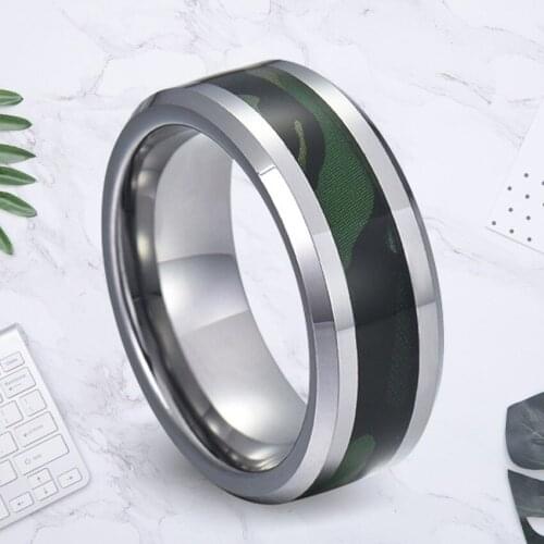 Fashion Inlay Green Camouflage Couple Tungsten Steel Ring Simple Mens Jewelry