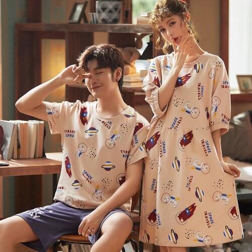 Fashion Lovers Homedress Pajamas Sets Womens Short Sleeve Nightdress Round Neck Sleepwear Cotton Couples Casual Home Clothing