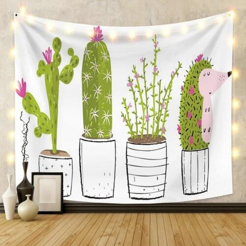 Cartoon Plant Tapestry Bohemia Green Cactus Potted for Livingroom Photography Wall Decor