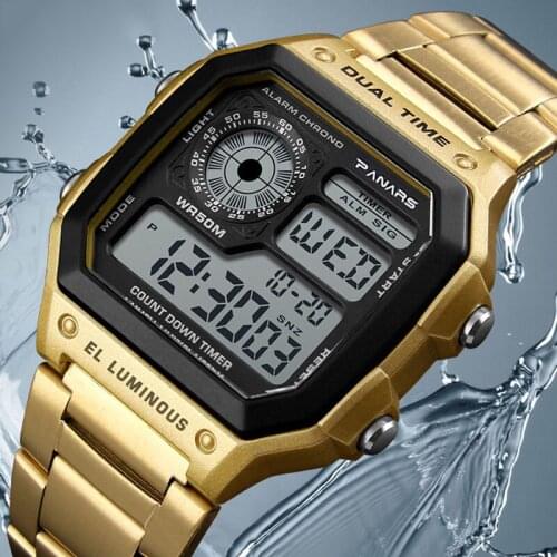 PANARS Business Men Watches LED Electronic Wristwatches Digital 50M Waterproof Sports Watches AE-1200WHD Luxury Stainless Steel