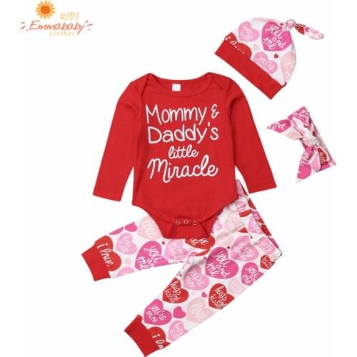 2020 Valentines Day Outfit 4PCs Newborn Infant Baby Girl Clothes Set Bodysuit Letter Long Sleeve Red Tops Pants Hat Headband