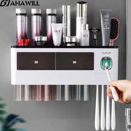 AHAWILL Wall-Mounted Toothbrush Holder Automatic Toothpaste Squeezer Magnetic Suspension Toothbrushing Cup Bathroom Storage Rack