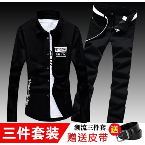 New Spring Autumn Mens Long Sleeve Shirt Casual Jeans Pencil Pants Lapel Collar Male Shirts Straight trousers Casual 2pcs Set C3