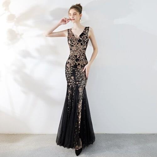 Poems Songs Double-V Mermaid Evening Dress Long Formal Party dress vestido de festa Elegant Vintage robe longue Black Ball Gown