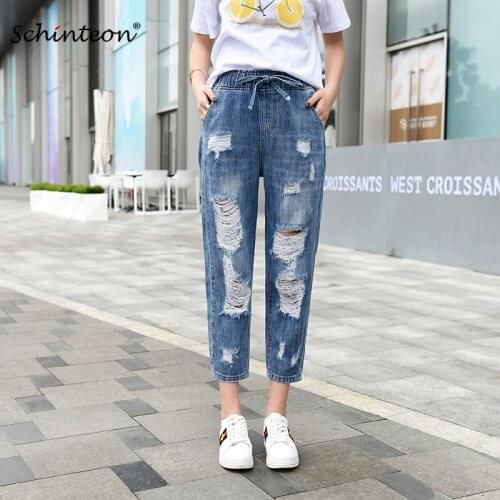 Schinteon Plus Size Denim Rippped Hole Harem Pants Elastic High Waist Loose Ankle-Length Jeans Casual Trousers Lace up