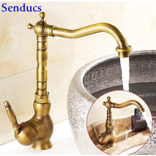 Senducs Luxury Antique Kitchen Sink Faucet Single Handle Antique Bathroom Mixer Faucet Quality Brass Antique Kitchen Mixer Tap