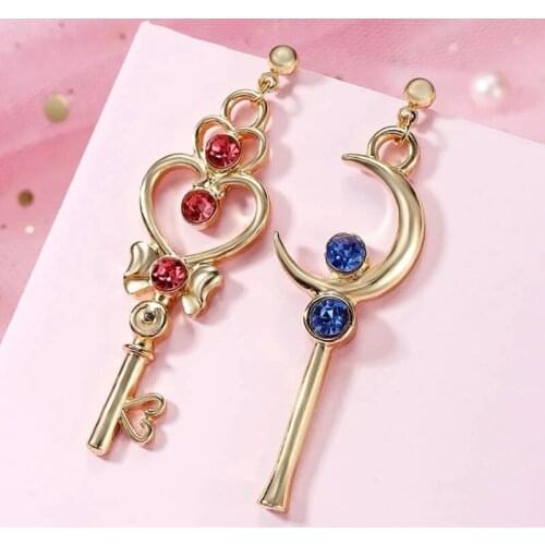 Japanese Anime Sweet Sakura Earring Gold Color Moon with Red Blue Crystal Moon Magic Wand Key Shape Earrings For Girls Gifts