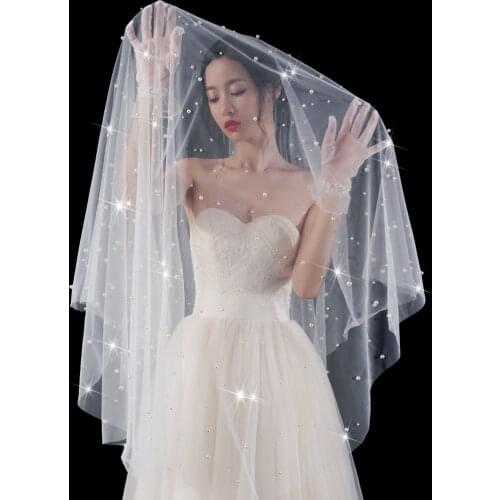 TOPQUEEN V13 Pearls Wedding Veil for Face Bridal Shower Veil Without Comb Bridal Veils Cover Front and Back with Beading Veil