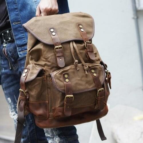 Wax Canvas Backpack for Men School Bag Student Travel Bag Rucksack Vintage Retro Waterproof Laptop Bag