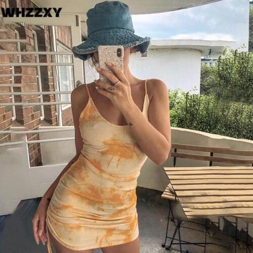 WHZZXY Tie-dye Dress Side Drawstring Print Dress Summer 2020 Women Sexy U-neck Backless Suspenders Dress