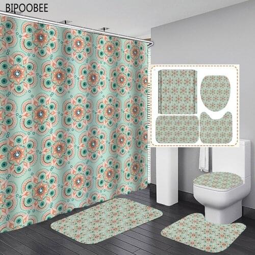 Bohemian Pattern Shower Curtains Waterproof Polyester Bathroom Curtain Set Flannel Toilet Seat Cover Mat Bath Rugs Carpet