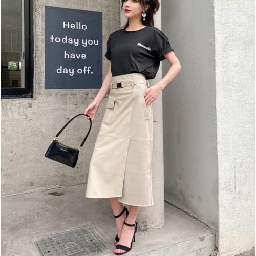 Traf Za Women Clothes True Leather Falda Midi Female Sheep Skin High Waist A-line Maxi Skirts Open Fork Moda Coreana Wrap Skirt