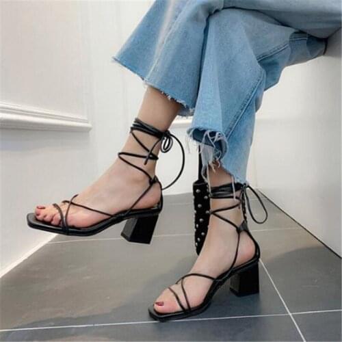 PXELENA Strappy Cross tied Gladiator Sandals Lady Rome Retro Square Chunky Block High Heels Women Shoes Narrow Band Black White