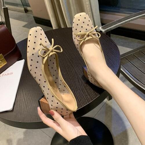 Retro Simple Square Head Bow Knot Polka Dot Pattern Elegant Ladies High Heels Summer New Breathable Mesh Shoes