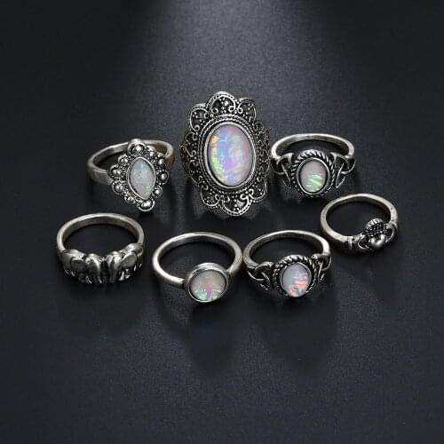 7PCS/Set Opal Big Knuckle Rings For Women Vintage Animal Flower Statement Finger Toe Ring Set Party Fashion Jewelry