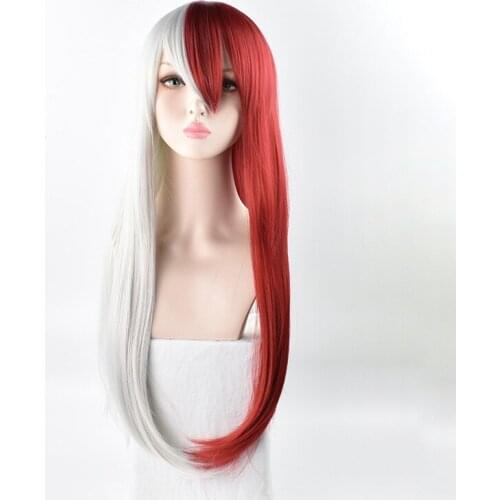 My Hero Academia Todoroki Shoto Women Long Wig Cosplay Costume Boku no Hero Academia Red and White Hair Halloween Party Wigs