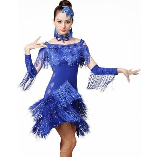 2020 Women Dance Clothes Ballroom Samba Costume Party Dresses Stretchy Fabric Fringes Latin Dress + Necklace