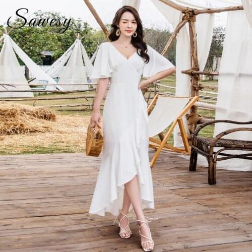 Women Summer V Neck Elegant Party Irregular Long Dresses Ruffle Short Sleeve Backless Dress White