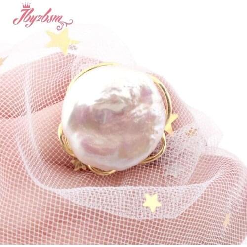 17-19mm Coin Freshwater Pearl Ring Bead Natutal Stone Beads For Women Gift Silver Plate Jewelry Ring Adjustable Size:#8-#10 1 Pc