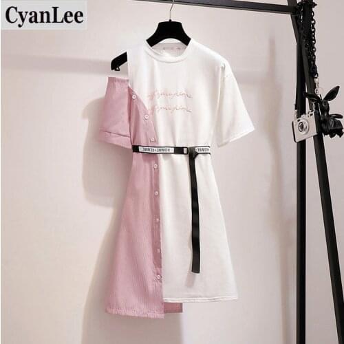 Cyanlee Summer Patchwork T Shirt Dress Women Korean Ulzzang Off Shoulder Dress Sashes Streetwear Plus Size Fake Two Piece Dress