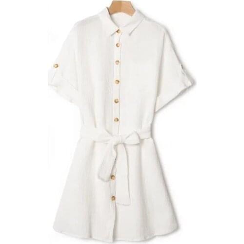 Women Turn-Down Collar Mini Dress 2021 New Ladies Short Sleeve Single-Breasted Waist Lace-up Cotton Short Robe With Pockets