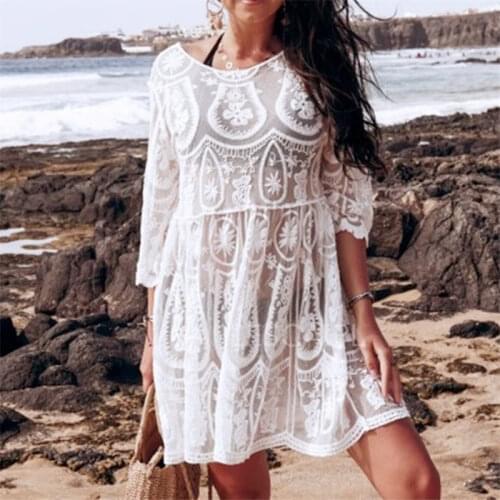 Embroidery Coverups for Women Tunic Beach Cover Up Dress Solid Blouse Beachwear Lace Fishnet Bikini Wrap 2021 White Cover-up