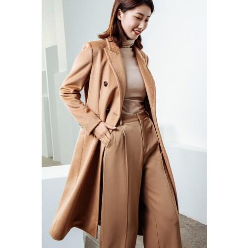2021 autumn winter camel water wave pattern coat womens medium long high waist slim double breasted suit wool coat