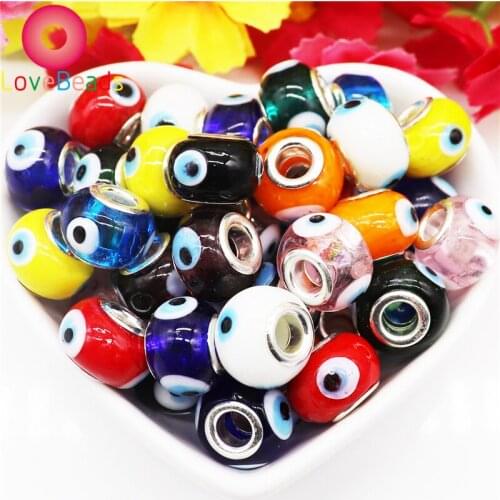 10Pcs Mixed Color Evil Eye Lampwork Glass Beads Big Hole European Round Loose Spacer Chain Charms Fit Pandora Bracelet Jewelry