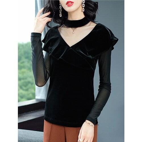 2018 Autumn and Winter fashion New Stand Collar Long-sleeved Womens Solid Color Slim Ruffled Shirt Round Neck Wild