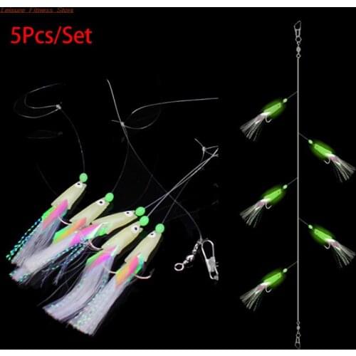 5Pcs/Set Luminous Fishing Hook High Carbon Steel Mackerel Feathers Bass Cod Lure Luminous Fishing Hook Treble Bait Wire 9g
