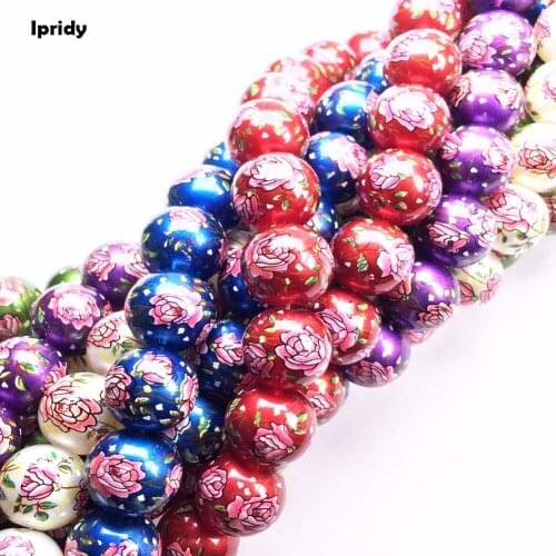 5Pcs/lot 12mm Glass Hand-painted Printing Beads with Pearl effect fit for Bracelet Necklace Spacer Beads
