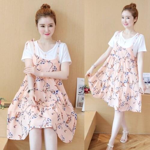 6331# T shirt + Dress Maternity Clothes Loose Stylish Short Sleeves Floral Dress for Pregnant Women Pregnancy Clothes
