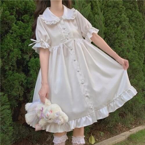 White Lolita Dress Retro Japanese-style Ruffled Sweet Doll Collar Loose Dresses Free Shippping