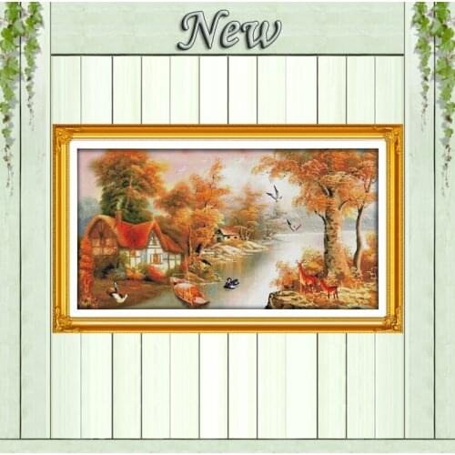 With mountain and river cottage Scenery painting Counted printed on canvas 14CT 11CT Cross Stitch Needlework kits Embroidery Set