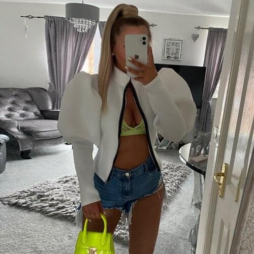Yimunancy Puff Sleeve Jacket Women Zipper Long Sleeve Jacket 2021 Autumn Winter White Causal Jacket